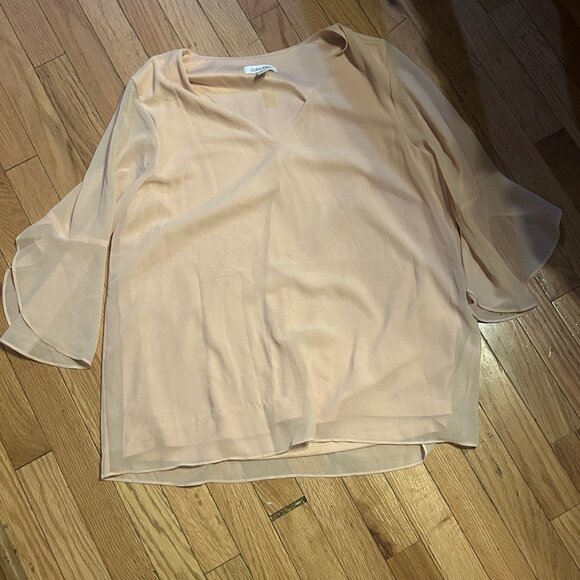 Calvin Klein Womens Dressy Blouse Peach Long Sheer‎ Sleeves Size Large - Picture 1 of 3